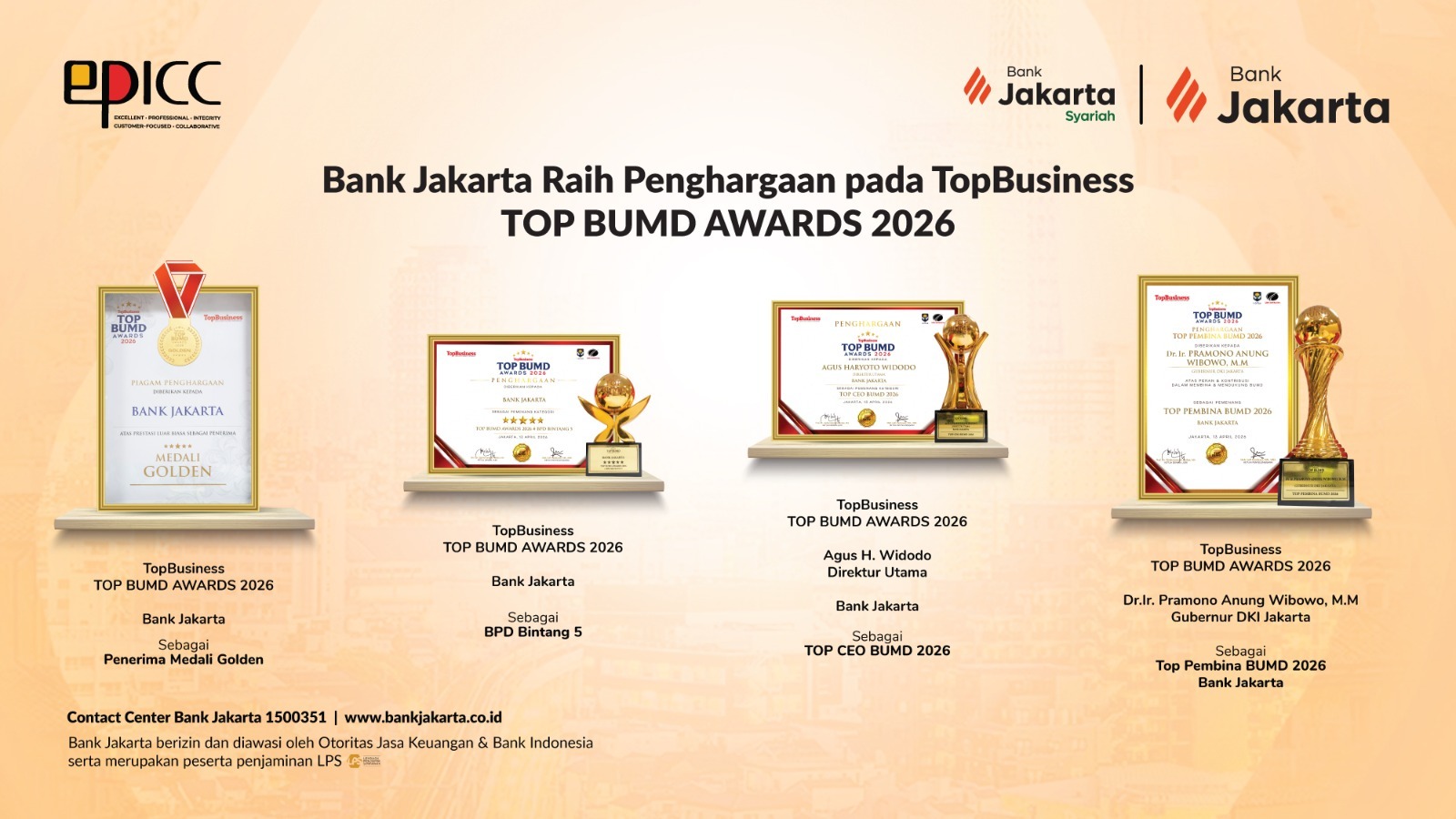 Makin Berkilau! Bank Jakarta Raih Medali Golden dan Bintang 5 di TOP BUMD Awards 2026